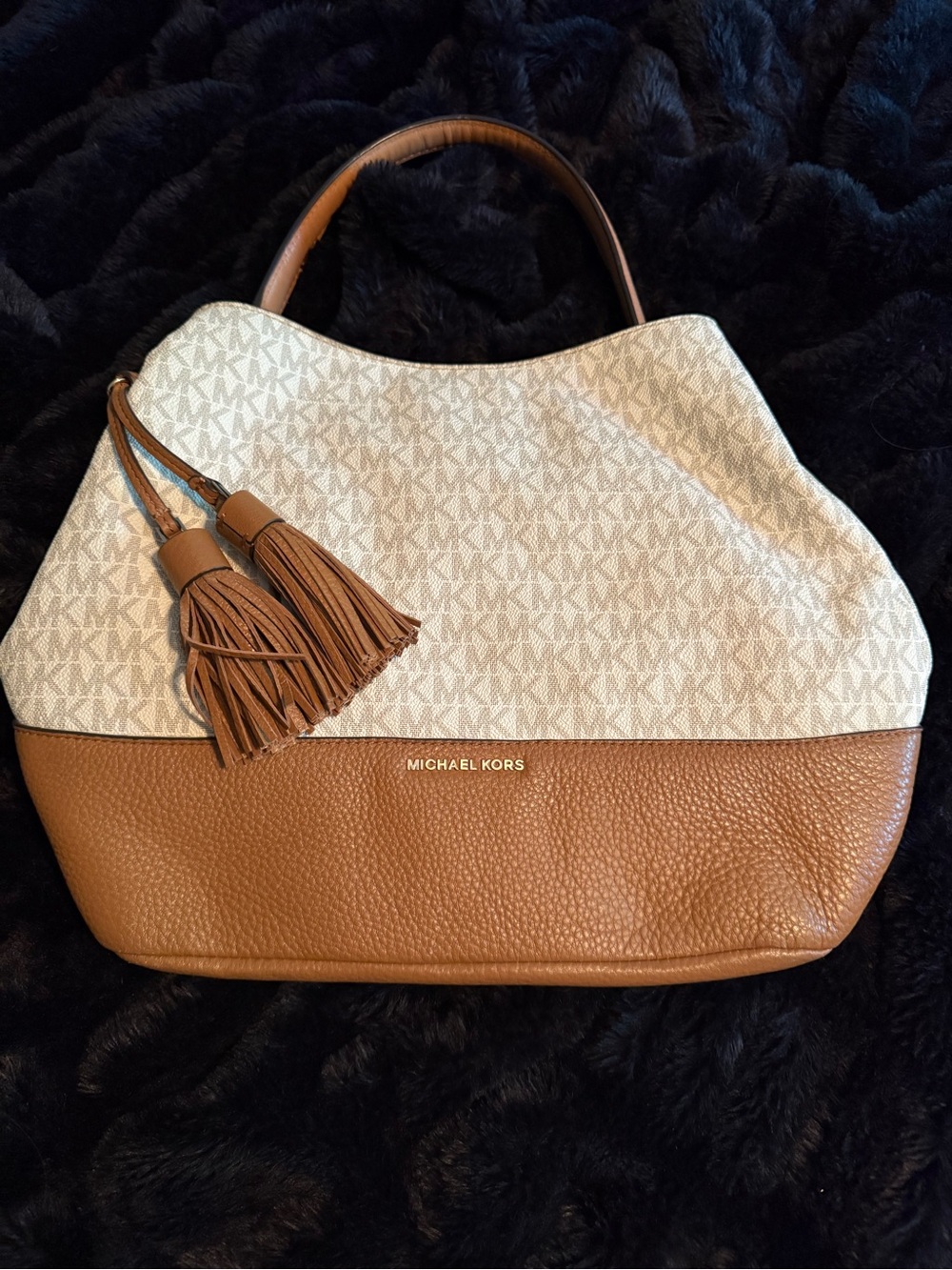 Michael Kors Beige Signature Logo and Acorn Leather Shoulder Hobo